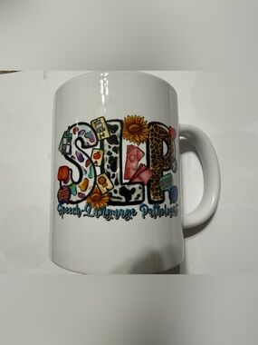 White Ceramic SLP Graphic Mug — Colorful Speech-Language Design NWOT